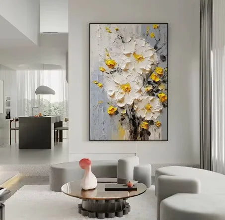 Nordic Abstract Cream Flower Hand-Painted Oil Painting for Living Room Decor